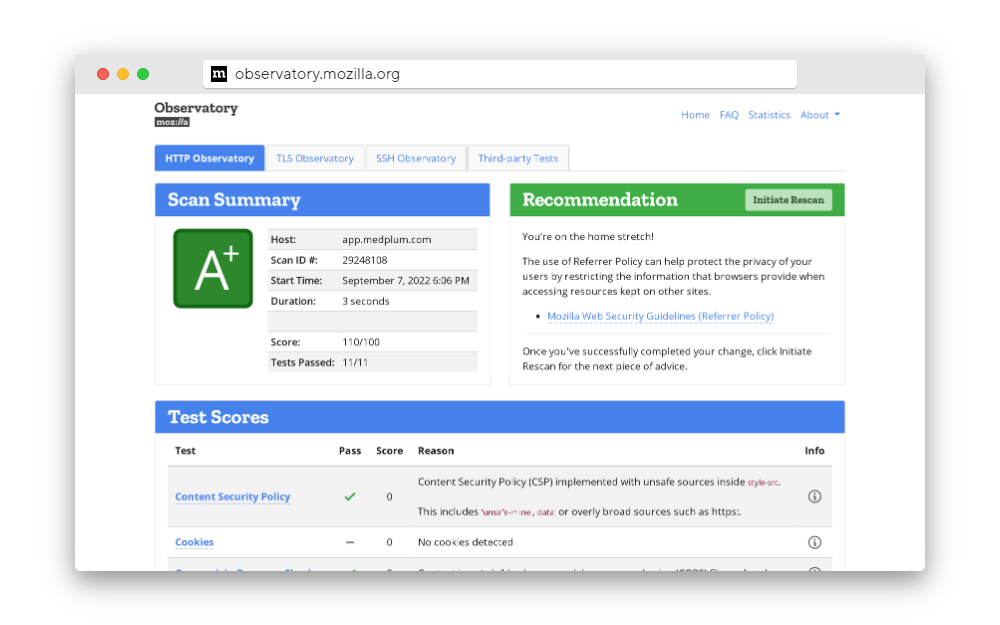Mozilla Observatory app.medplum.com screenshot