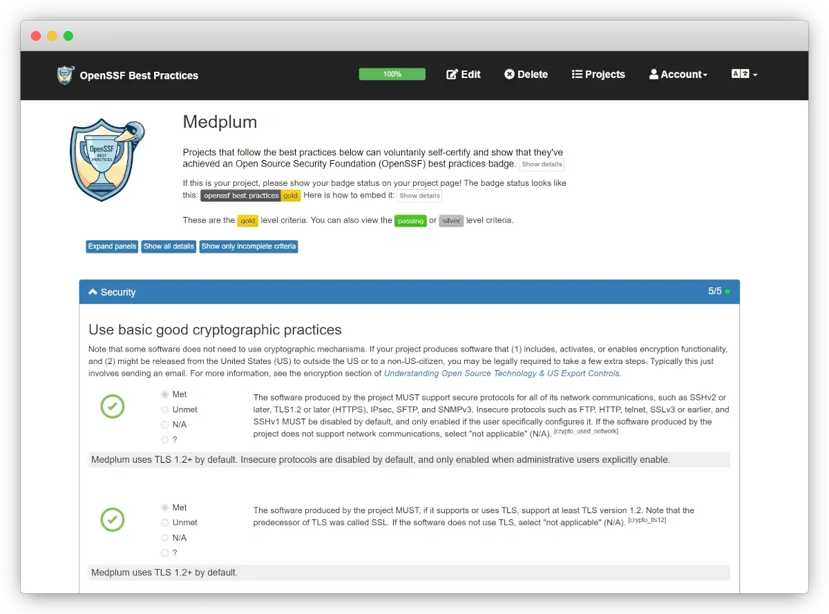 OpenSSF Best Practices screenshot